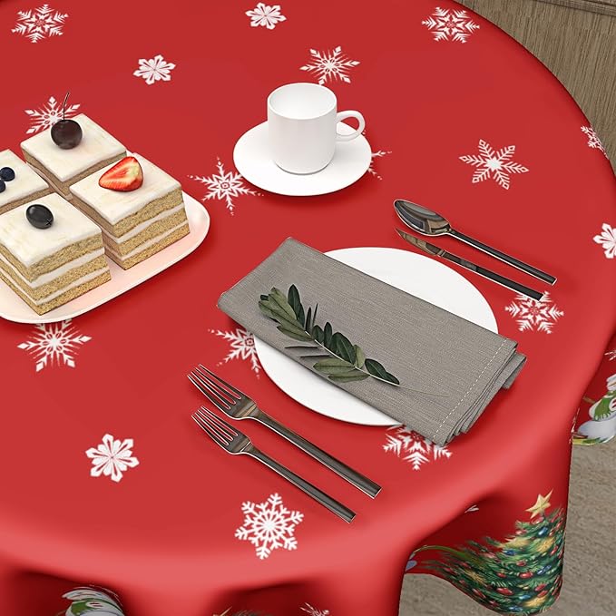 Merry Christmas Tablecloth Round 60 Inch Winter Snowman Table Cloth Red Snowflake Print Christmas Table Cover Winter Holiday Tablecloths Seasonal for Home Kitchen Dining Party Indoor Outdoor Decor