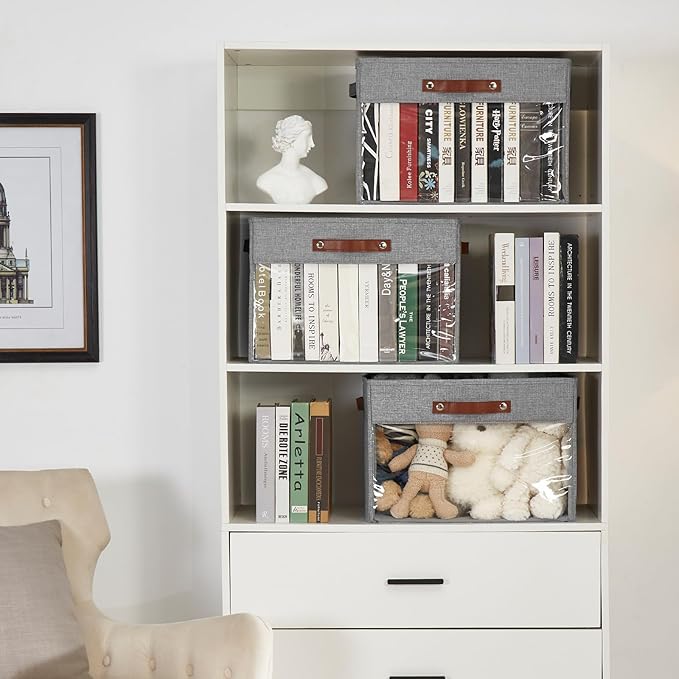 Extra Large Storage Baskets with Clear Window, See Through Closet Organizer with PU Handles, Linen Foldable Storage Bins for Organizing Clothes, Toys, Books (Gray)