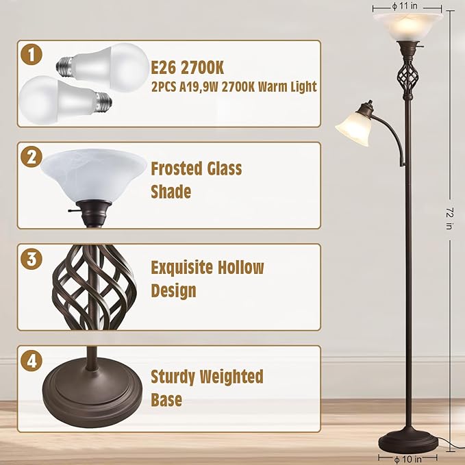 Torchiere Floor Lamp for Living Room, LED Standing Reading Light for Bedroom with Glass Shade for Living Room Corner Bedroom Home Office,Bulbs Included (Red Brown,Glass 2 Head)