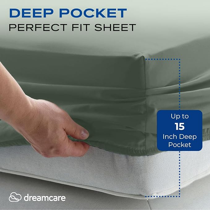 DREAMCARE Twin XL Sheets Set - 4 Pcs Cooling Bed Sheets with Up to 15" Deep Pockets - Soft, Long-Lasting 100% Brushed Polyester with Side Pocket (Sage Green)