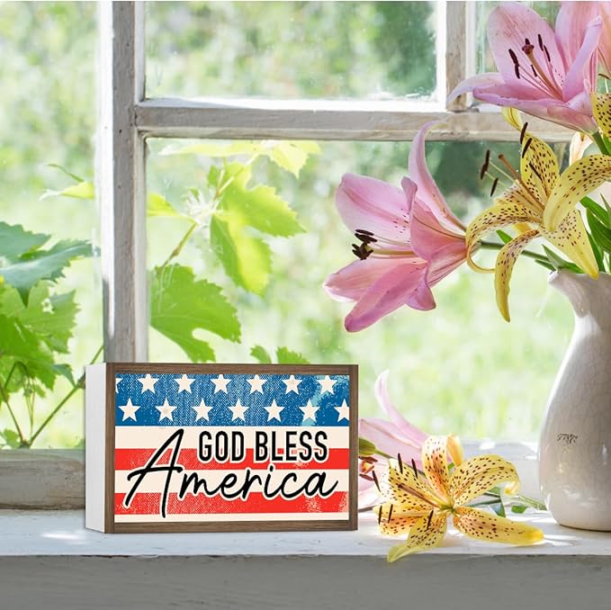 God Bless America Independence Day Wooden Box Sign Desk Decor,Patriotic Labor Day American Flag Wood Block Sign for Farmhouse Home Shelf Tabletop Wall Decor