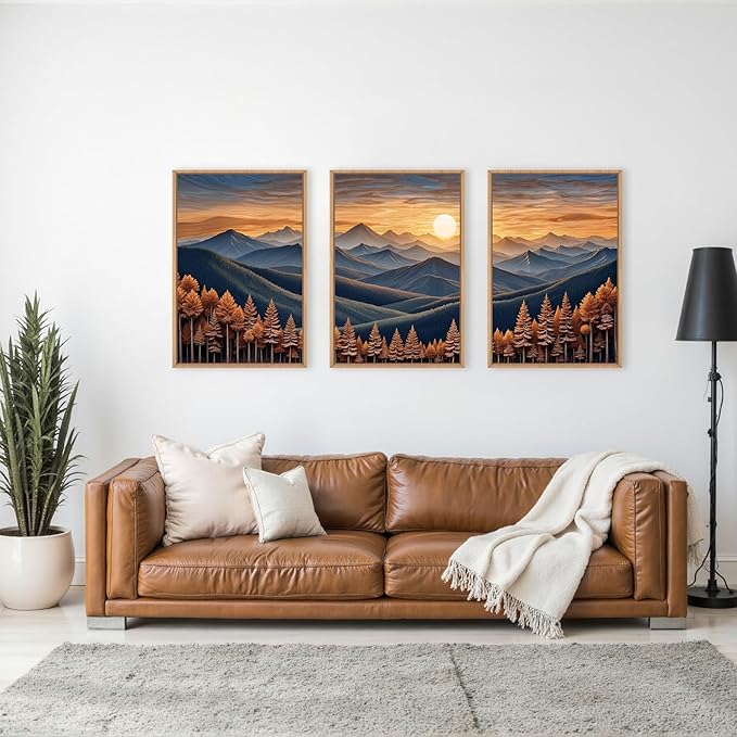 HOURIA Large Woodland Mountain Sunset Framed Canvas Wall Art Set,Wilderness Wooden Forest Landscape Wall Decor,Nature Botanical Artwork,Boho Pine Tree Art Print for Living Room,Bedroom- 16"x24"x3