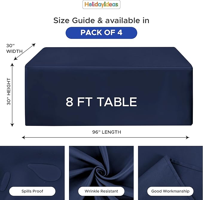 HolidayIdeas Fitted Tablecloths for 8 Foot Rectangle Table, Full Coverage Table Cover 30x96 Inch for Vendor Booth Display, Banquet, Trade Show, Navy Blue, 4 Pcs