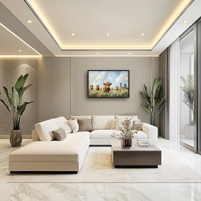 Flintis Large Highland Cow Barn Framed Wall Art Farmhouse Highland Cattle Daisy Pictures Wall Decor Abstract Canvas Painting Print Artworks Framed for Living Room Bathroom Master Bedroom 36L X 24W