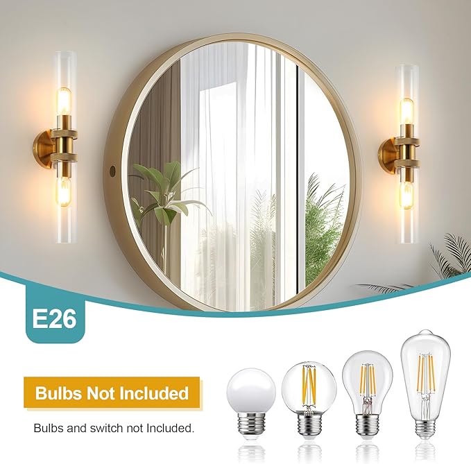 E26 Brushed Brass 2 Light Vanity Lights, Farmhouse Gold Modern Bathroom Wall Lamps with Glass Shade