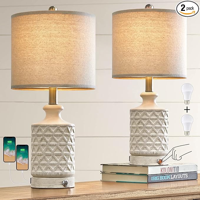 PoKat 20" Bedroom Lamps Set of 2, 3 Way Dimmable Farmhouse Table, Ceramic Nightstand Lamps for Living Room, Bedside Lamps for Bedroom End Table White