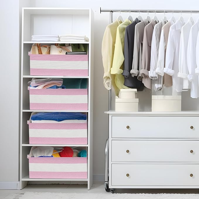 Linen Closet Organizers and Storage, Trapezoid Fabric Bins, Home Office Organization Baskets Striped Collapsible Box with Handles for Clothes, Blanket, Books, DVD, 4 Pack, Pink/White