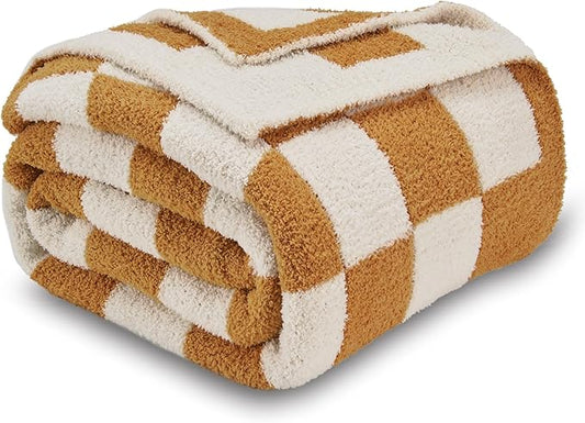 CozeCube Checkered Blanket, Ultra Soft Cozy Orange and White Throw Blanket, Warm Cozy Knit Fuzzy Plush Checkerboard Throw for Couch Bed Sofa, 60"x80"
