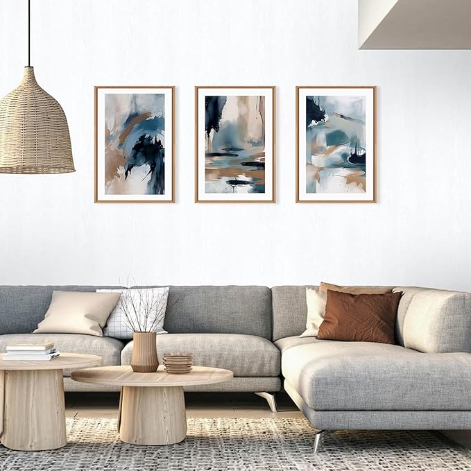 KAIRNE Blue Abstract Neutral Framed Canvas Wall Art Set, Navy Abstract Wall Decor, Watercolor Blue and Brown Wall Painting, Modern Textured Art Prints for Living Room, Bedroom, Office - 16"x24"x3