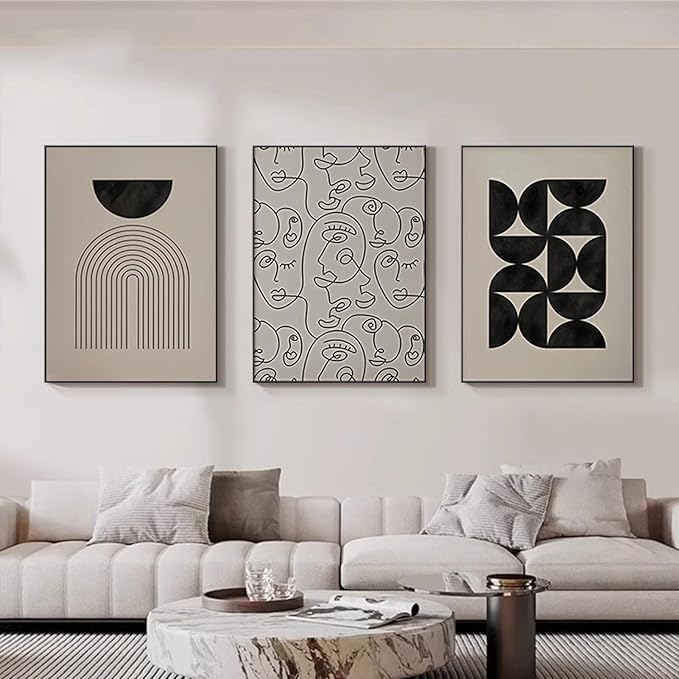 ARTFEB Abstract Framed Boho Black and White Wall Art for Living Room, 3 Piece Black Beige Large Canvas Paintings Prints Artwork, Modern Geometric Pictures for Bedroom Home Office Wall Decor -24"x32"x3