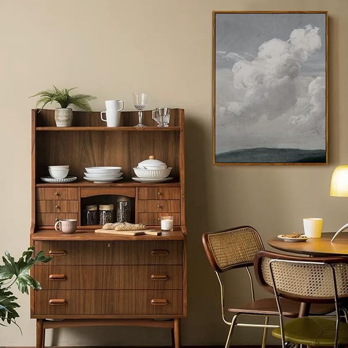 crmotu Vintage Framed Wall Art, Blue Sky White Cloud Canvas Prints, Nature Landscape Aesthetic Decor Pictures, Minimalist Retro Wall Paintings for Living Room Bathroom Bedroom Kitchen Desktop 12x16in