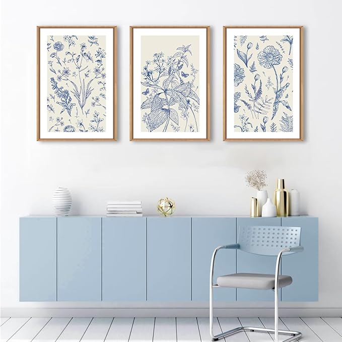 KAIRNE Blue and White Floral Wall Art Set of 3, 24x36Inch Chinoiserie Framed Canvas Art Prints, Navy Watercolor Botanical Flower Painting, Wildflower Decor for Living Room, Bedroom, Bathroom, Home