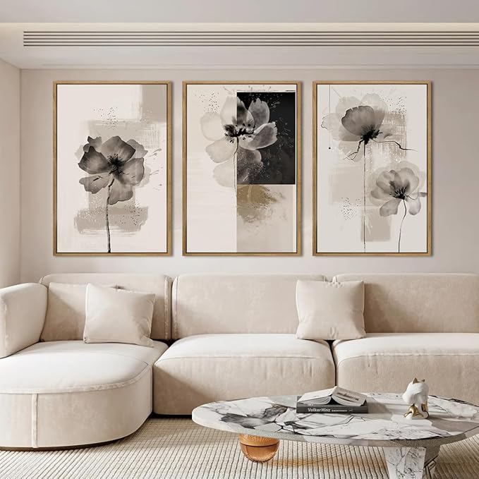 IARTTOP Extra Large Black Neutral Framed Wall Art 24x36 Inch Beige Tan Abstract Floral Canvas Wall Decor Set of 3 Minimalist Modern White Flower Art Prints for Living room Bedroom
