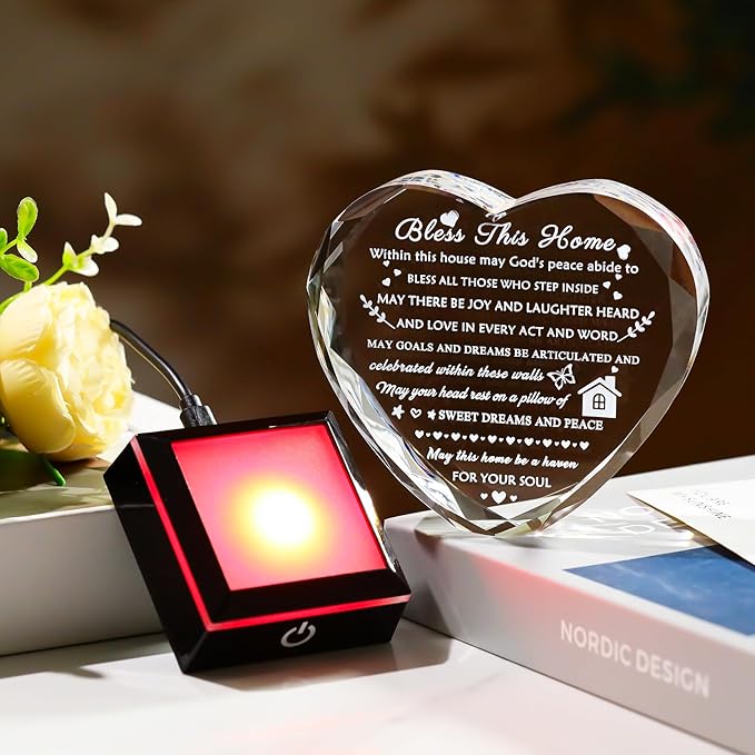 House Warming Gifts New Home Crystal Heart Keepsake with LED Base Housewarming Gifts for Women Men House Warming Gifts Couple Presents Home Blessing Warm Gift New Apartment