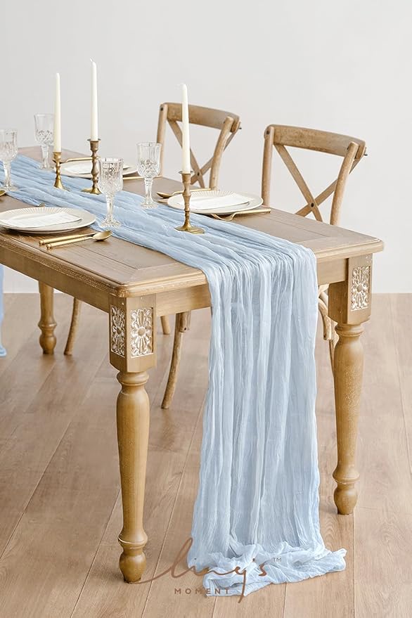 Ling's Moment 14Ft Dusty Blue Cheesecloth Table Runner Boho Chic Gauze Semi-Sheer Tablecloth for Wedding Celebrations for Baby Shower Decorations