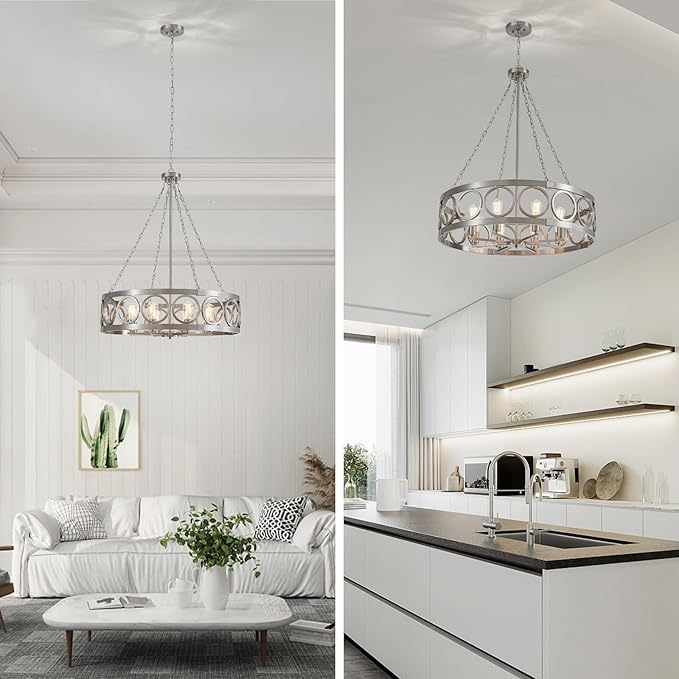 XINGQI Large Drum Chandelier 32.3" Modern Brushed Nickel 8-Light Round Chandeliers for Dining Room Living Room Office Kitchen Island Rustic Pendant Lighting Fixture Over Table