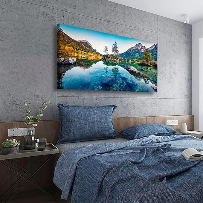Scenery Canvas Wall Art for Living room Office Bedroom Mountain Forest Landscape Wall Art Clear Lake Stone Tree Pictures Art Print Paintings Modern Nature Wall Decor Artwork Waterproof -20 * 40inch