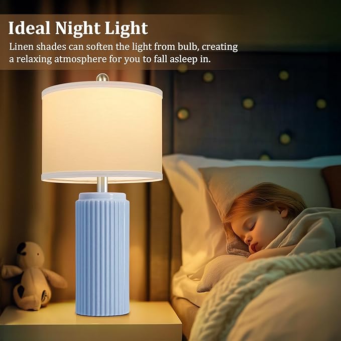 23.5’’ Sky Blue Farmhouse Table Lamps for Living Room Set of 2, Modern Elegant Ceramic Bedside Nightstand Lamps with White Linen Shade for Bedroom, Coastal Lamps Set for Study Home Office