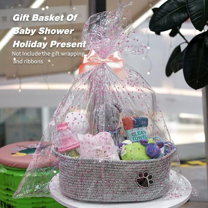 Small Woven Baskets for Organizing Rope Storage Basket with Handle Cute Cotton Basket for Nursery Gift Dog Toy Storage Bins for Toy Organizer-Grey