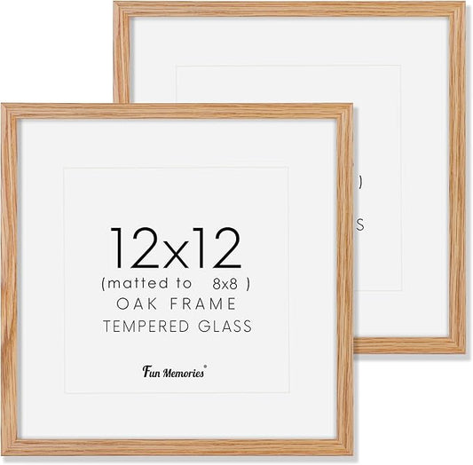 12x12 Picture Frame Set of 2, Oak Wood 12 x 12 Photo Frames for Wall, Square 12 by 12 Wood Frames with Real Glass, 12x12 Frame Matted to 8x8, 12 x 12 Wall Gallery Frame Set