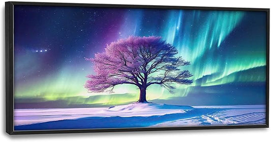 Tree of life Large Framed Wall Art Oversized Aurora Polar Lights Pictures Wall Decor Purple Aurora Polaris Canvas Print Painting Aesthetic Modern Artwork for Living Room Bedroom Office Bathroom Home Decor 60L"x30W"