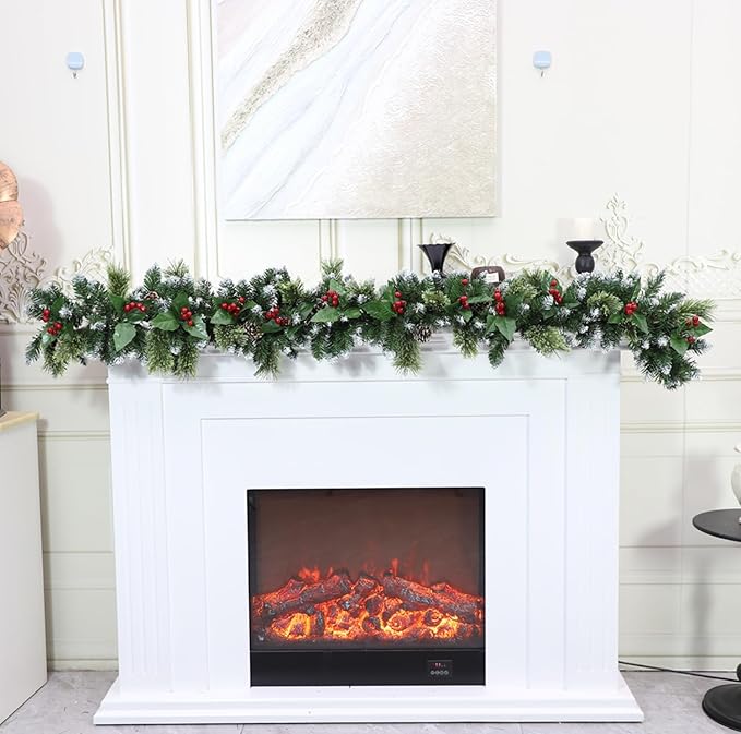 6ft Christmas Garland with Lights,Lighted Artificial Flowering Pine Garland for Mantle,Prelit Faux Green Christmas Winter Garland with Pine Cones and Red Berry for Indoor Outdoor Decor