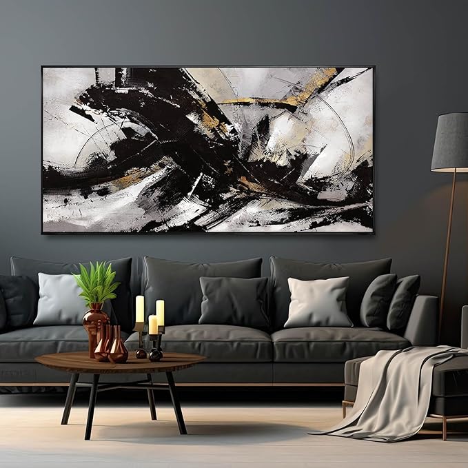 Black Wall Art Abstract Wall Decor for Living Room Framed Wall Art Canvas Art Grunge Artwork Large Office Pictures for Men 24”x48”