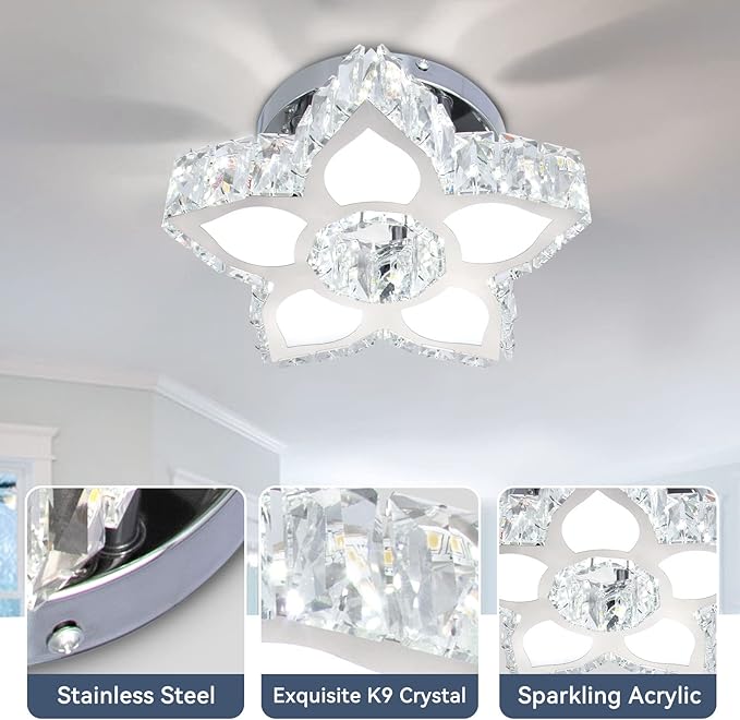 FRIXCHUR Crystal Ceiling Light Modern Mini Chandelier Flower LED Flush Mount Ceiling Light Fixture for Dining Room Bedroom Living Room Small Room (Cool White)