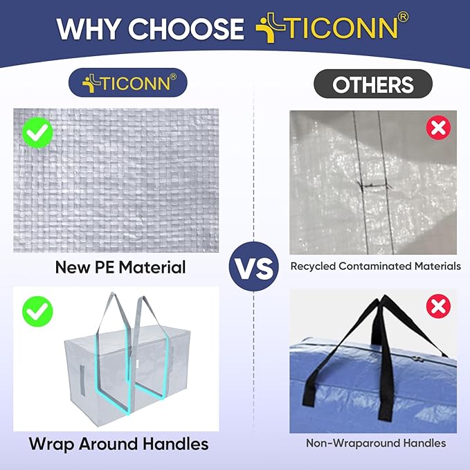 TICONN 4 Pack Extra Large Moving Bags with Zippers & Carrying Handles, Heavy-Duty Storage Tote Moving Boxes for Space Saving (4 Pack, Light Grey)