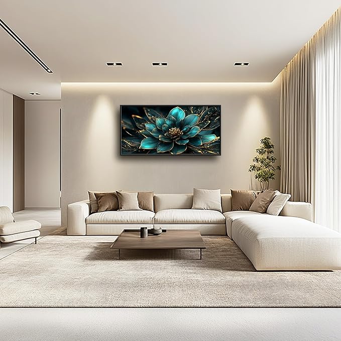 Framed Large Wall Art for Living Room, Teal Flower Canvas Wall Decor, Large Picture Framed Painting, Modern Artwork for Bedroom Office Home Decor 60L'' × 30W''