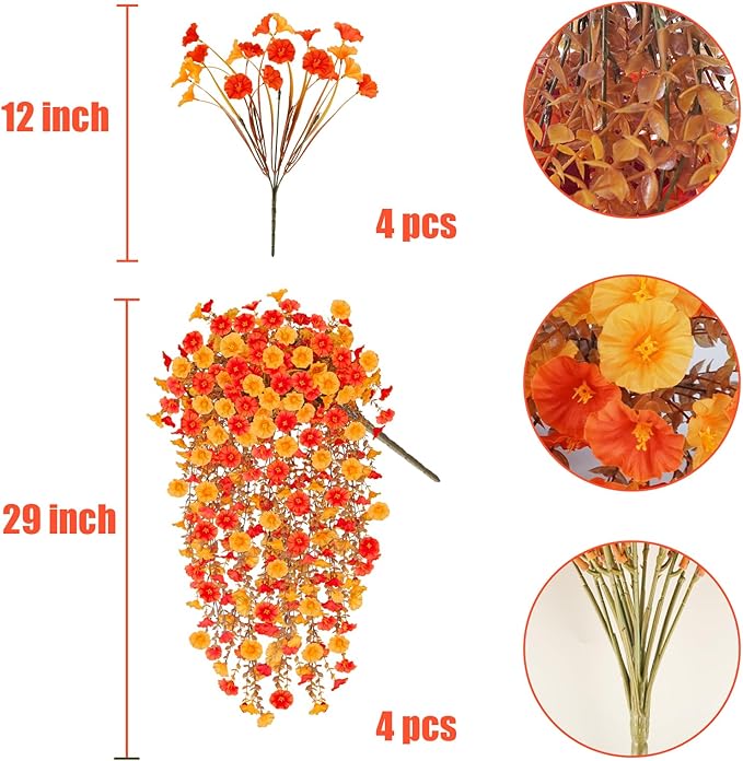 4 Pcs Artificial Hanging Flowers for Outdoor Fall Decoration, 4 Pcs UV Resistant Fake Fall Morning Glory Flowers Faux Petunias for Home Front Door Patio Decor (Orange Yellow)