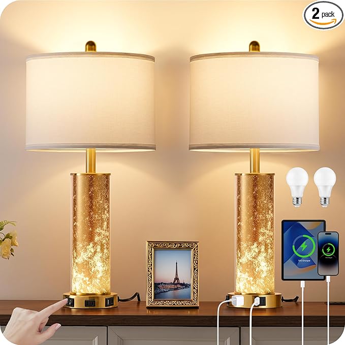 25.6" Gold Table Lamps Set of 2, Tall Bedside Lamps with Nightlight, Modern Nightstand Lamp with USB Ports, Desk Lamp for Bedroom, Living Room, Office, LED Bulbs Included W01TL05