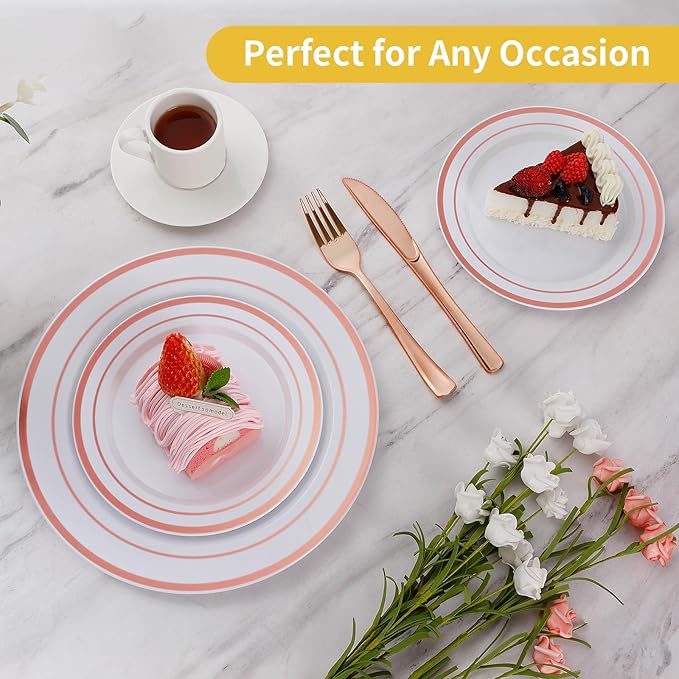 Goodluck 200PCS Rose Gold Plastic Plates, Heavy Duty Disposable Rose Gold Plates with 100 10.25 inch Dinner Plates and 100 7.5 inch Dessert Plates. Disposable Plates for Party, Wedding, Valentines