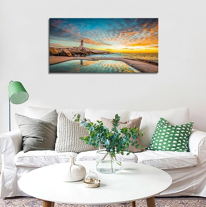 YYYYHPP YP1862 Canvas Prints Wall Art Peggy's Cove Lighthouse Sunset Ocean View Landscape Nature Pictures Stretched Canvas Wooden Framed for Living Room Bedroom and Office Wall Decor