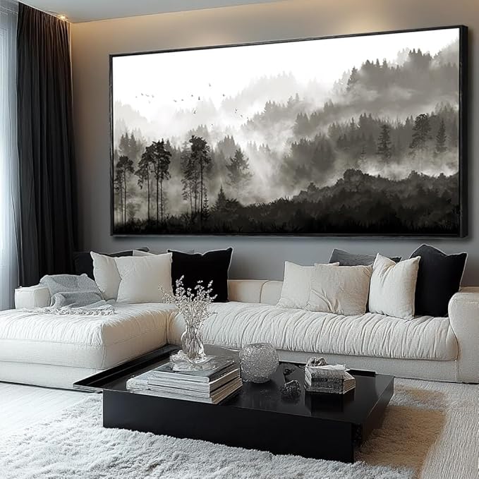 Large Wall Art Framed Mountains Canvas Wall Art Black And White Wall Decorations Bedroom Wall Decor Forest Pictures Artwork for Living Room Dining Room 29”x58”