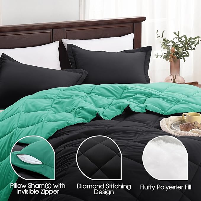 Basic Beyond California King Comforter Set, Black/Mint Leaf Comforter Set Cali King for All Seasons, 1 Comforter 104"x96" and 2 Pillow Shams 20"x36"+2"