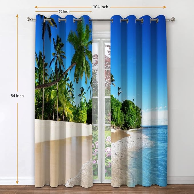Jekeno Ocean Beach Palm Tree Blackout Curtains Tropical Blue Ocean Sky Sunny Seaside Scene Beach Decor for Bedroom Living Room Grommet Window Drapes 2 Panel Set, 52"x84"