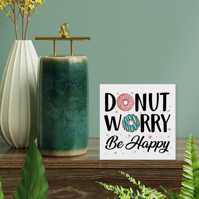 Funny Kitchen Decor Donut Worry Be Happy Wood Block Sign Home Kitchen Desk Table Shelf Decoration