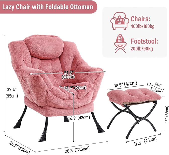 Lazy Chair with Ottoman, Modern Chair with Folding Footrest, Lounge Accent Chair, Comfortable Reading Chair (Plush Dark Pink)