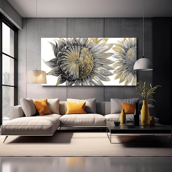Framed Wall Art for Living Room Sunflowers Wall Decor Large Wall Decorations Black Artwork Flowers Prints Pictures for Home Office 29"x58"