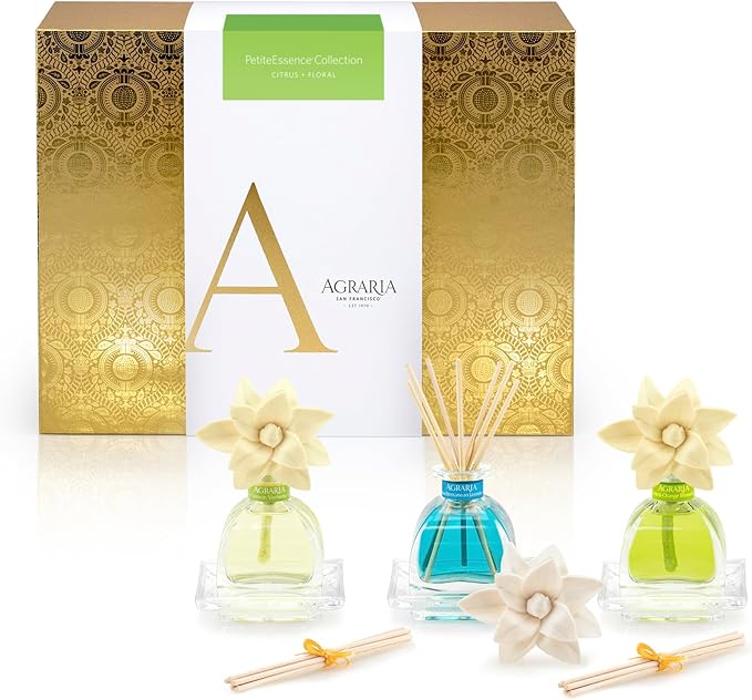 AGRARIA Citrus & Floral PetiteEssence Collection, Handmade Sola Flower Reed Diffuser Set of 3, Luxury Home Fragrance Scented Oil Diffuser Gift Set