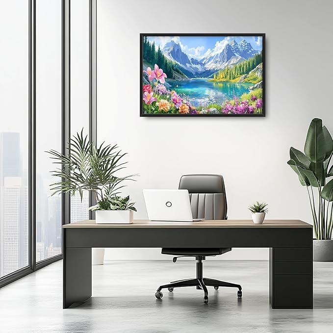 Extra Large Framed Mountain Lake Wall Art,Colorful Wild Flower Wall Decor,Mountain Forest Landscape Pictures for Living Room,Canvas Print Painting Modern Artwork Bedroom Office Bathroom 36L x24W