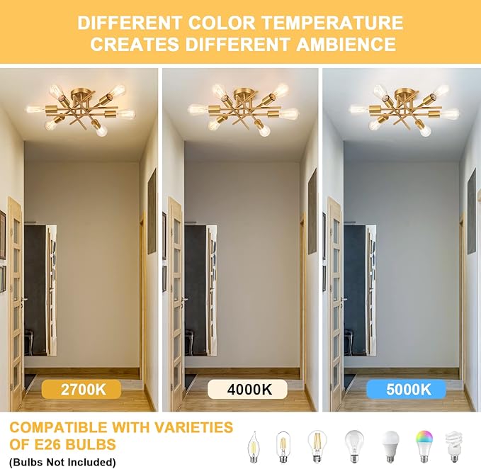 Sputnik Chandeliers, Modern Semi Flush Mount Ceiling Light with E26 Base, Mid Century Industrial Kitchen Farmhouse Light Fixtures for Bedroom Living Room (Brass, Ceiling 6 Lights)