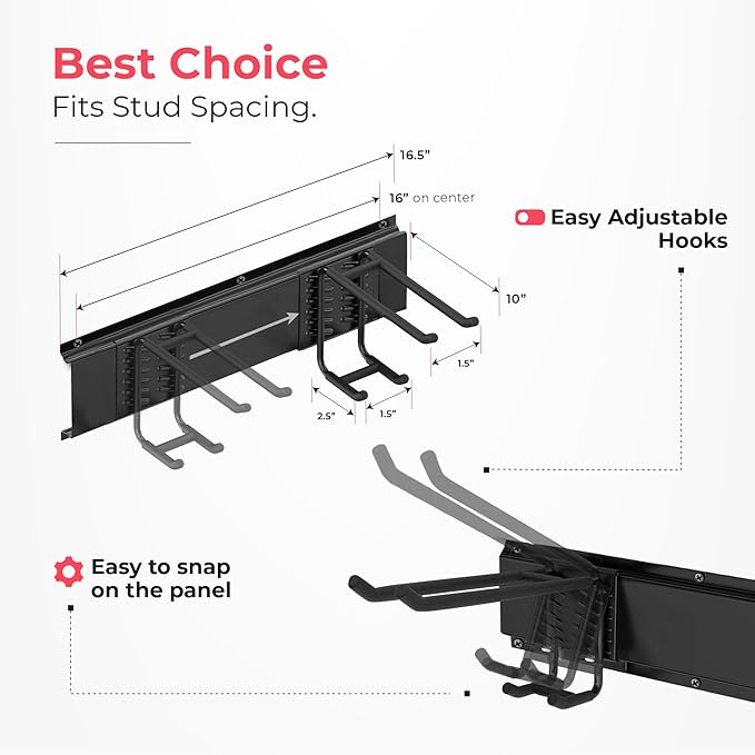 Garage Wall Organizer | 48" Heavy-Duty Tool Storage Rack | Adjustable Double-Layer Hooks | 300 lbs Capacity | Carbon Steel Wall Mount Holder for Shovels, Rakes, Ladders & Power Tools