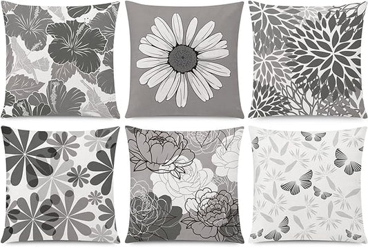 Grey Pillow Cover 16x16 Set of 6 Daisy Dhalia Throw Pillow Covers Square Cushion Covers for Couch Sofa Living Room Home Decor