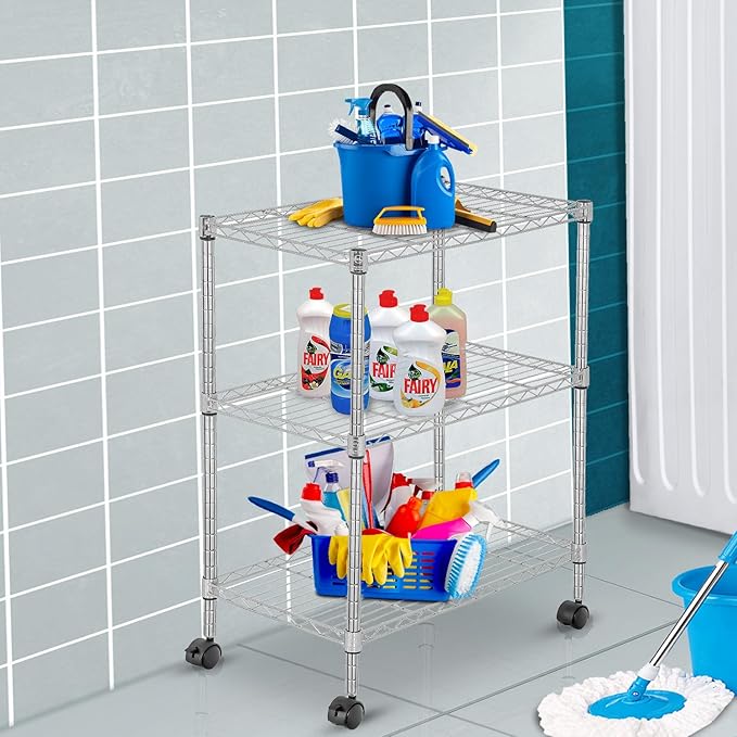 PayLessHere | 3-Tier Wire Shelf with Wheels | 23"x13"x31" | Chrome | Adjustable Racks | Heavy-Duty Storage Shelves, Holds Upto 170 lbs | Rust-Resistant, No-Tool Assembly | for Home, Garage Shelving