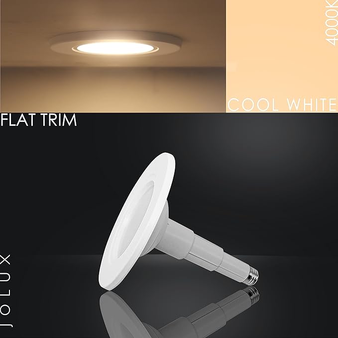 Jolux 5/6 Inch LED Can Lights Adjustable Recessed Retrofit Downlight, ETL Damp Rated Replacement Conversion Kit, 12W=60W, 4000K Cool White, 800LM, Dimmable, Flat Trim, E26 Base,6-Pack