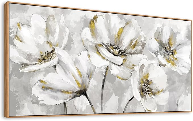 arteWOODS Flowers Framed Wall Art - Gray White Flowers with Yellow Accents Canvas Pictures Wall Decor Botanical Painting Artwork Elegant Floral Prints Living Room Bedroom 40 x 20in Natural Wood Frame