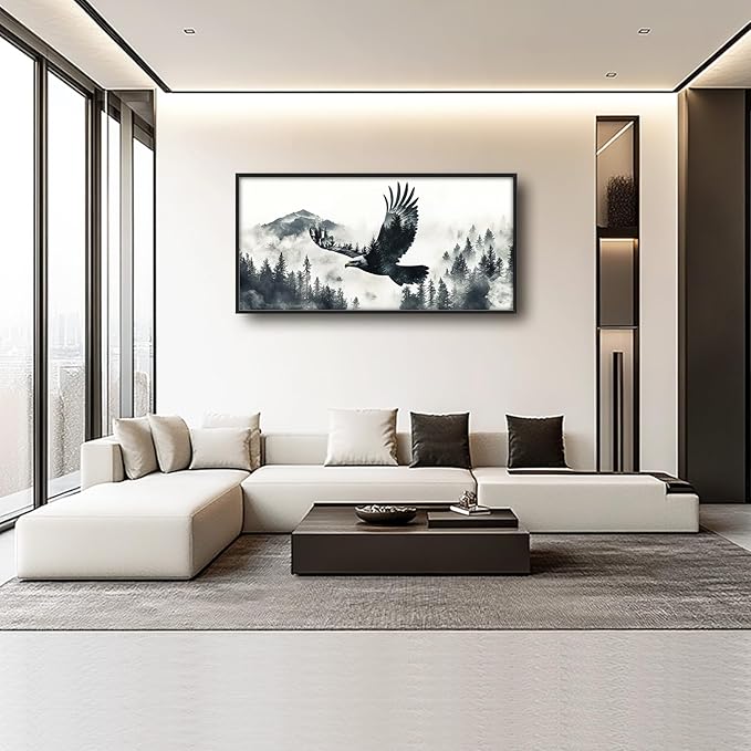 Framed Large Wall Art for Living Room, Flying Bald Eagle Canvas Wall Decor, Large Mountain Forest Pictures Framed Painting, Natural Landscape Artwork for Bedroom Office Home Decor 60L'' × 30W''