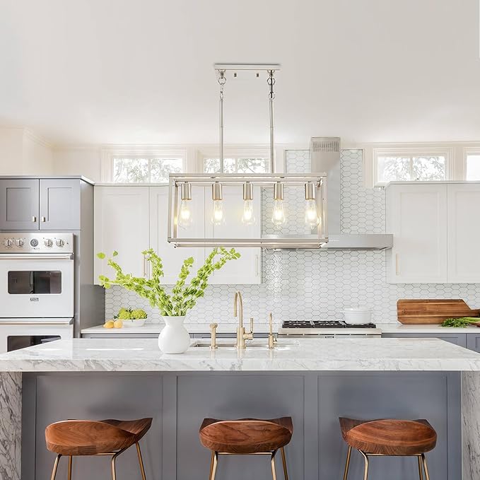 5-Light Pendant Lights for Kitchen Island Modern Dining Room Chandelier Linear Rectangular Kitchen Light Fixtures Hanging Lights for Dining Room Adjustable Height E26 Base Brushed Nickel